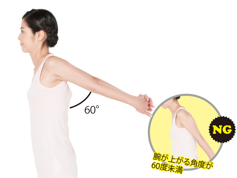 4：背中で両手を組んで60度以上引き上げることができる